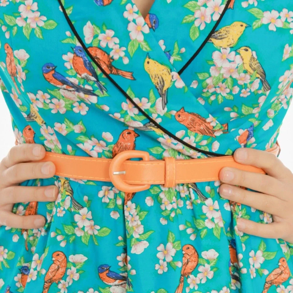 Lindy Bop Courtney Teal Blossom Bird Print Swing - Picture 3 of 4